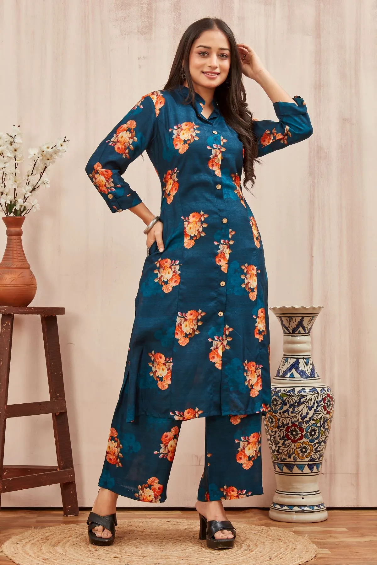 Women's Navy Blue Kurti with Plazo Trouser Ethnic Printed Russian Silk Kurta set