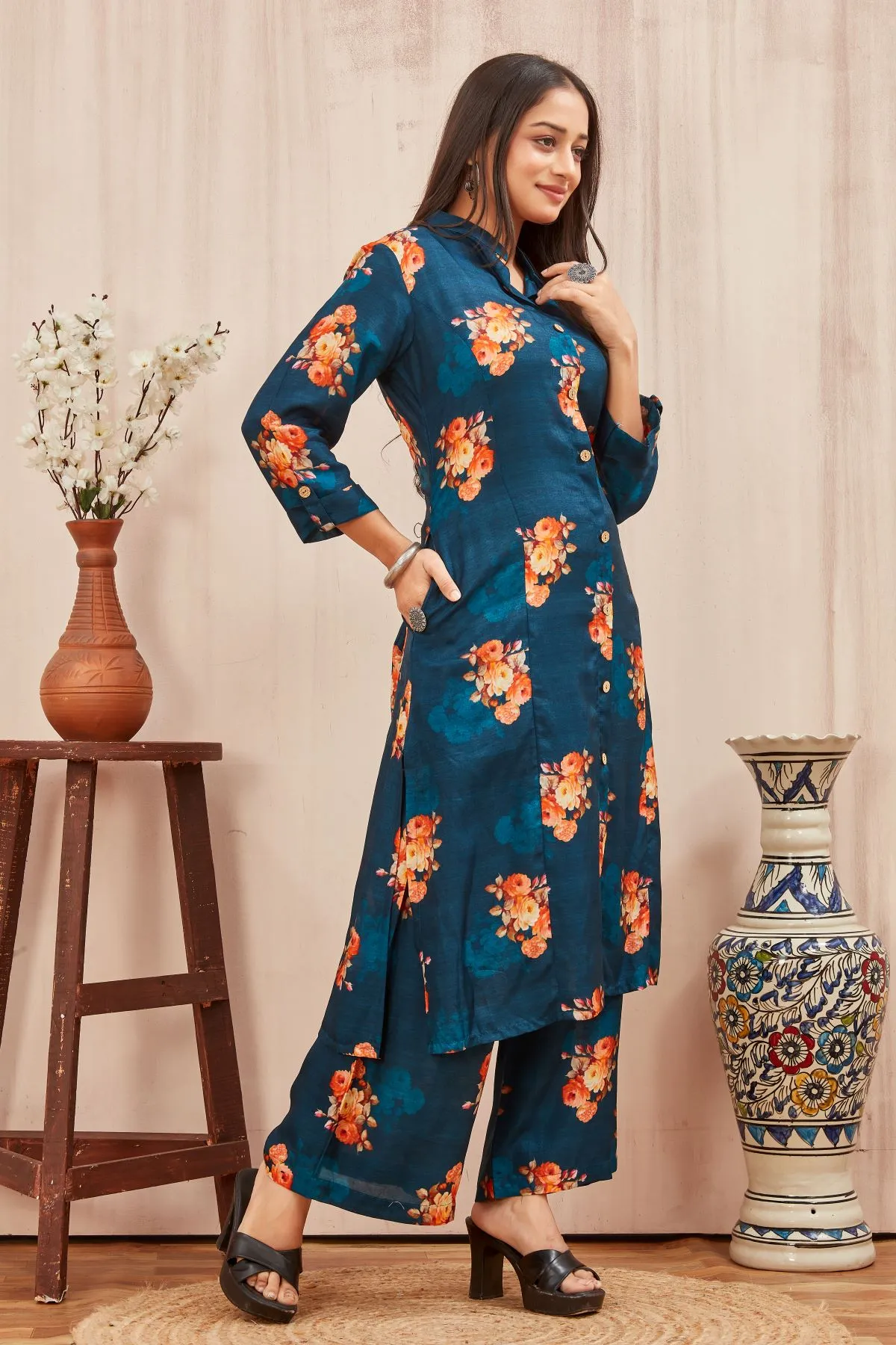 Women's Navy Blue Kurti with Plazo Trouser Ethnic Printed Russian Silk Kurta set