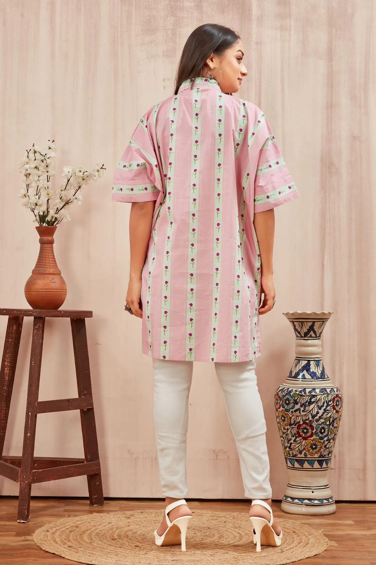 Women's Baby Pink  and Off White  Printed Popline Kafftan Syle Shirt