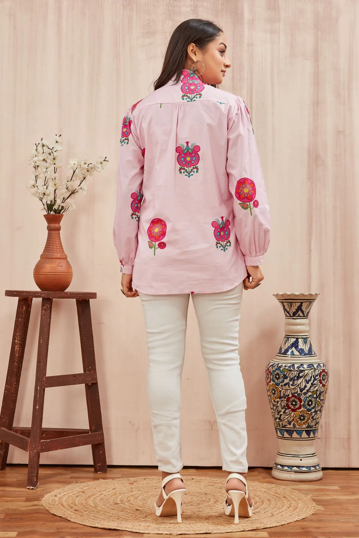 Women's Baby Pink Printed Popline Shirt