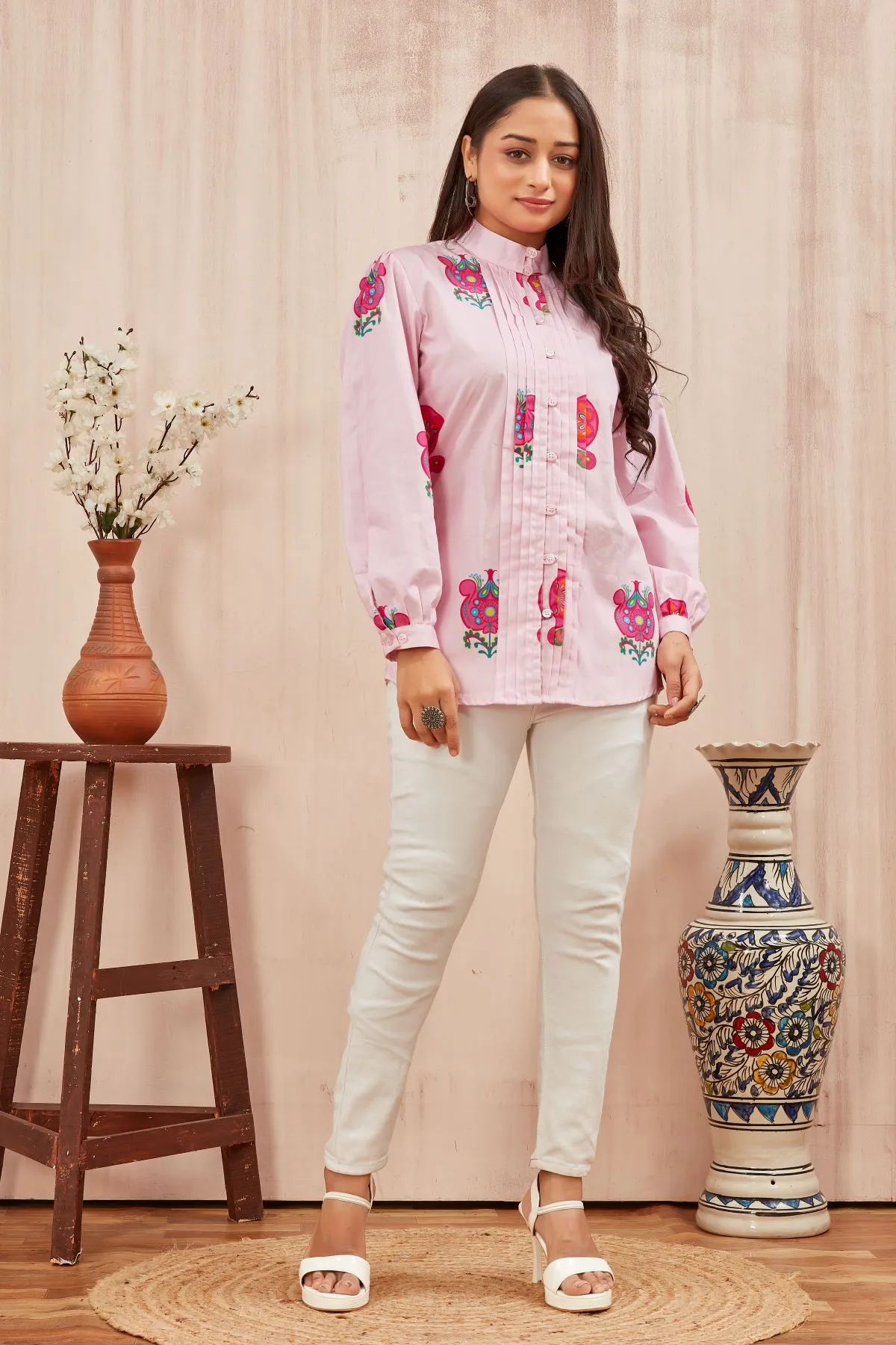 Women's Baby Pink Printed Popline Shirt