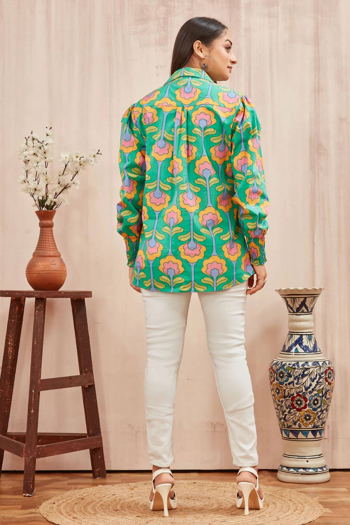 Women's Green Pink Printed Popline Shirt