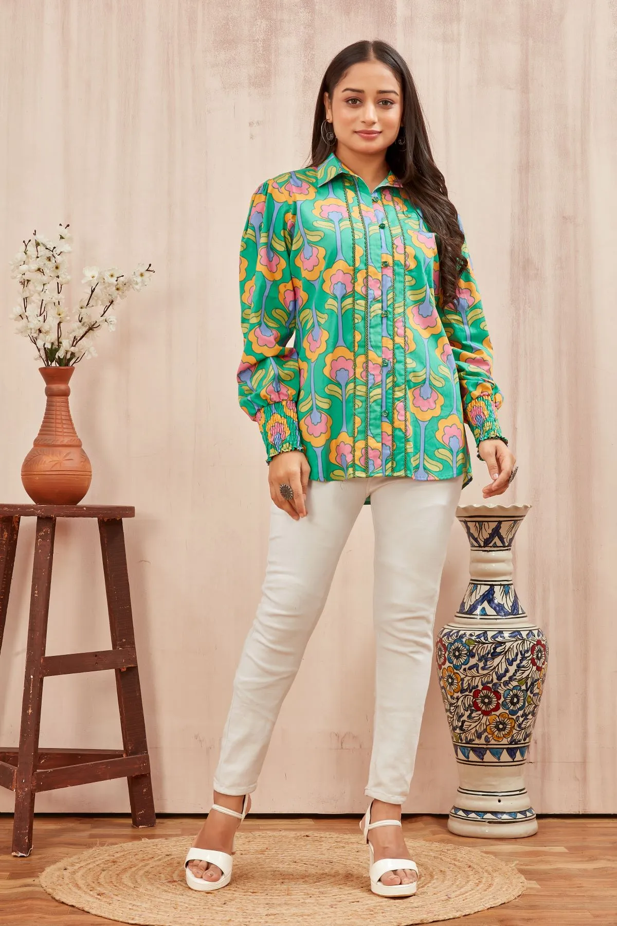 Women's Green Pink Printed Popline Shirt