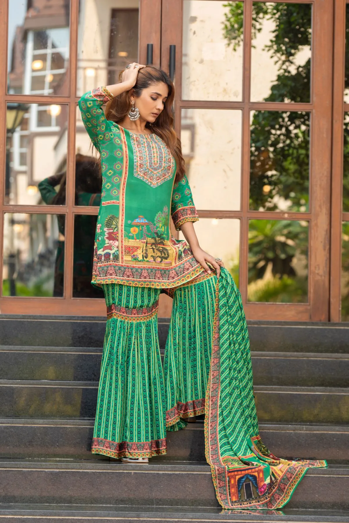 Women's Green top and Sharara with Printed Dupatta Ethnic Printed Crape Shrara set
