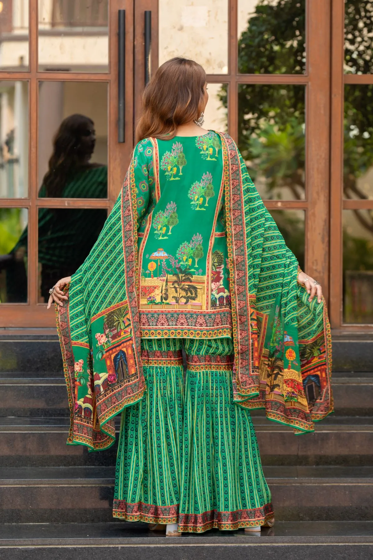Women's Green top and Sharara with Printed Dupatta Ethnic Printed Crape Shrara set