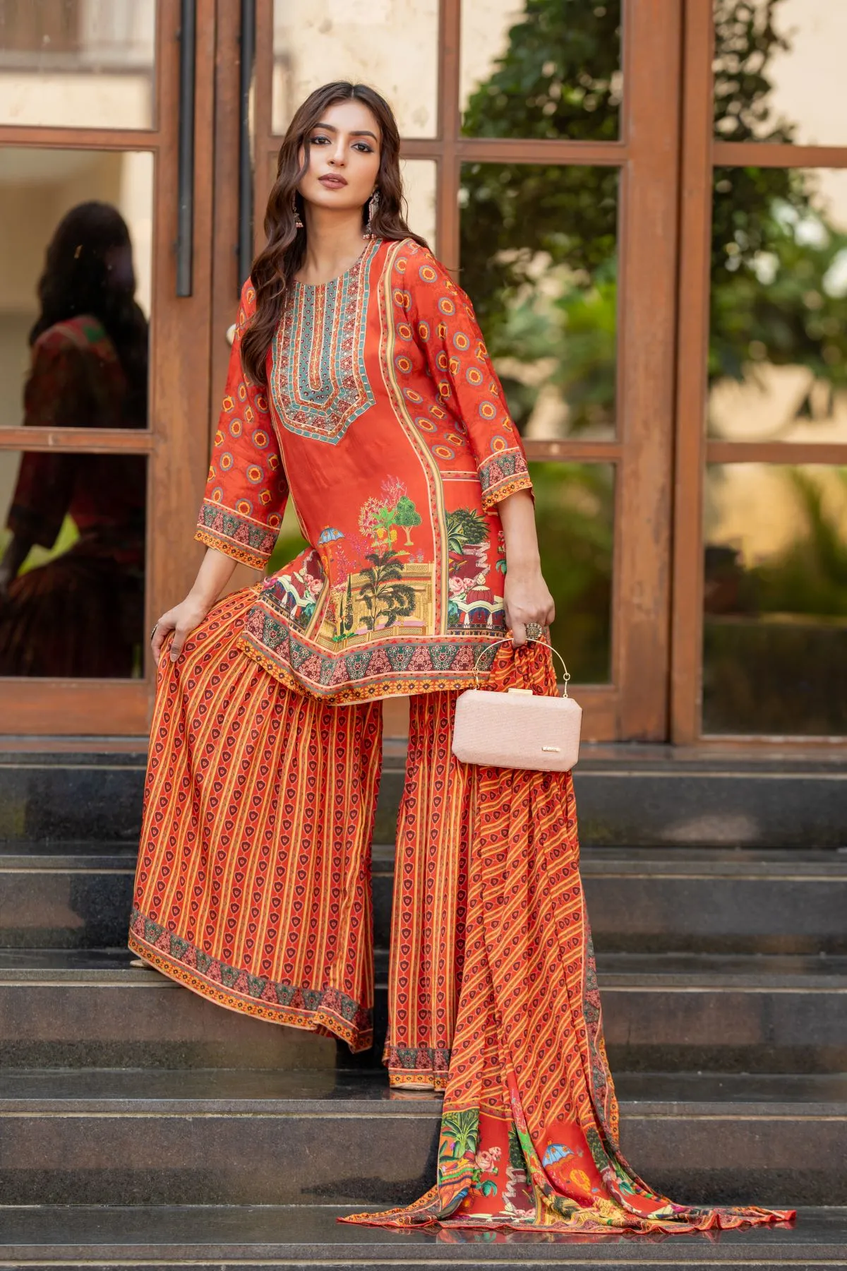 Women's Orange top and Sharara with Printed Dupatta Ethnic Printed Crape Shrara set