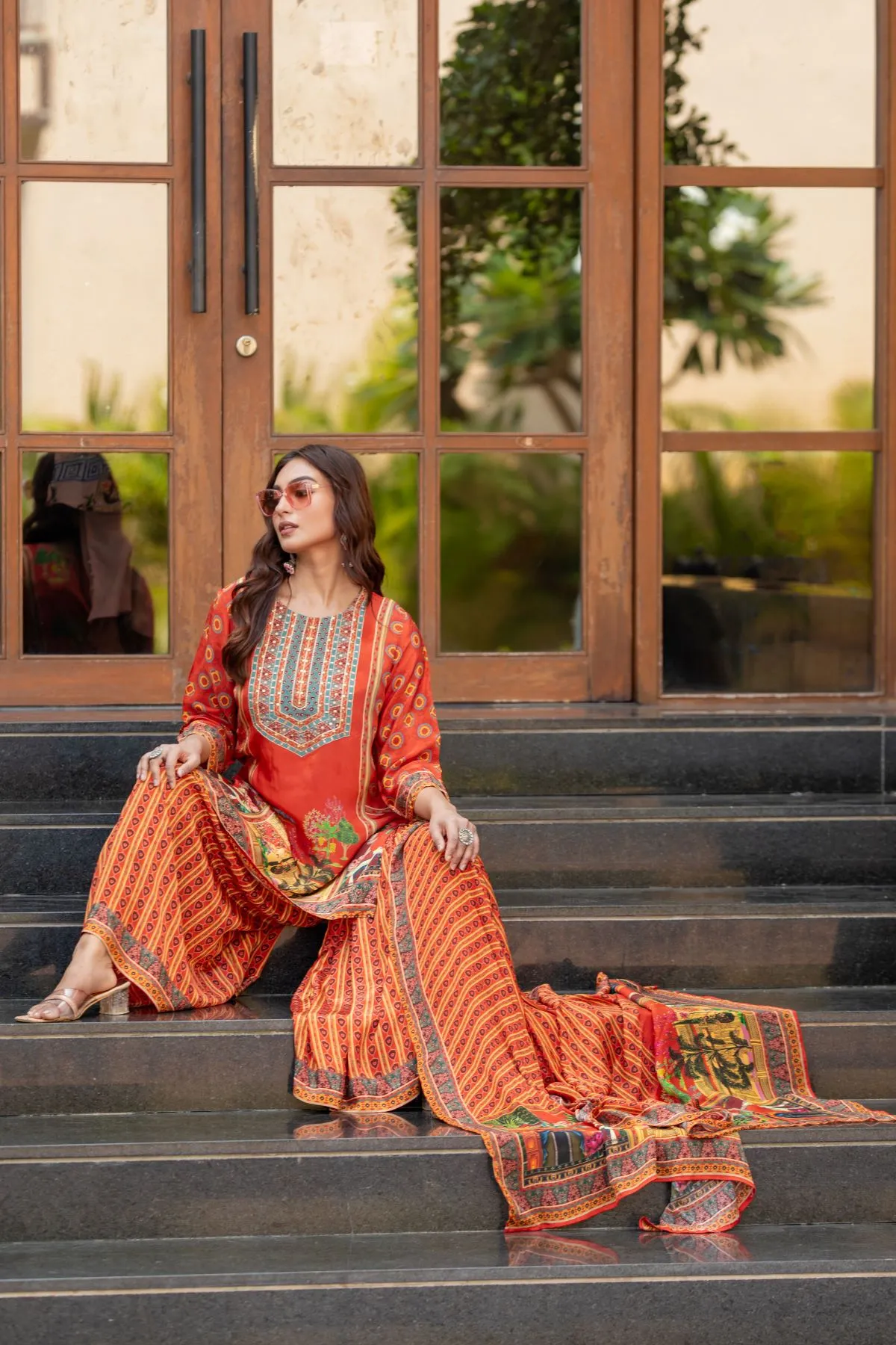 Women's Orange top and Sharara with Printed Dupatta Ethnic Printed Crape Shrara set