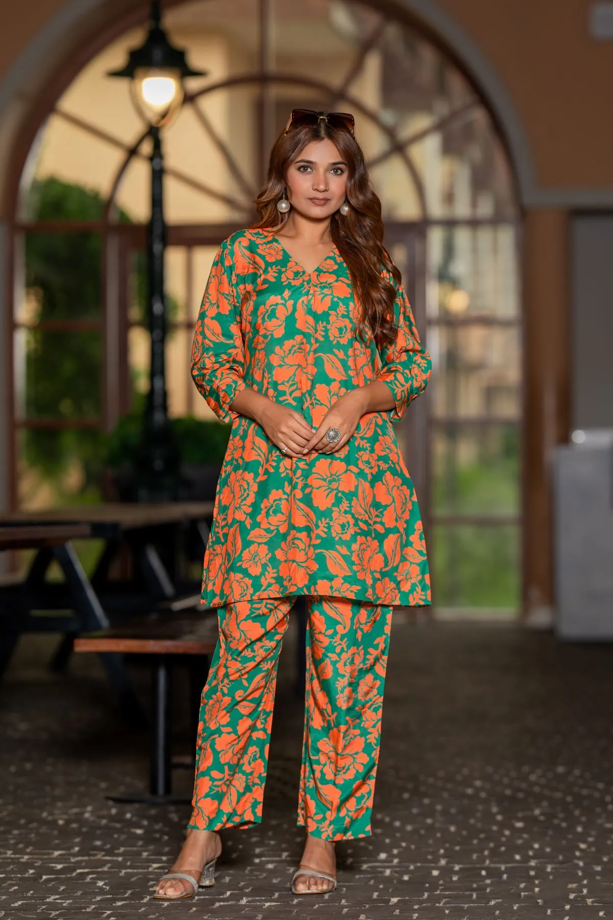 Women's Green & Orange Multi Floral Printed Top and  Printed Trouser Rayon Co-ord set