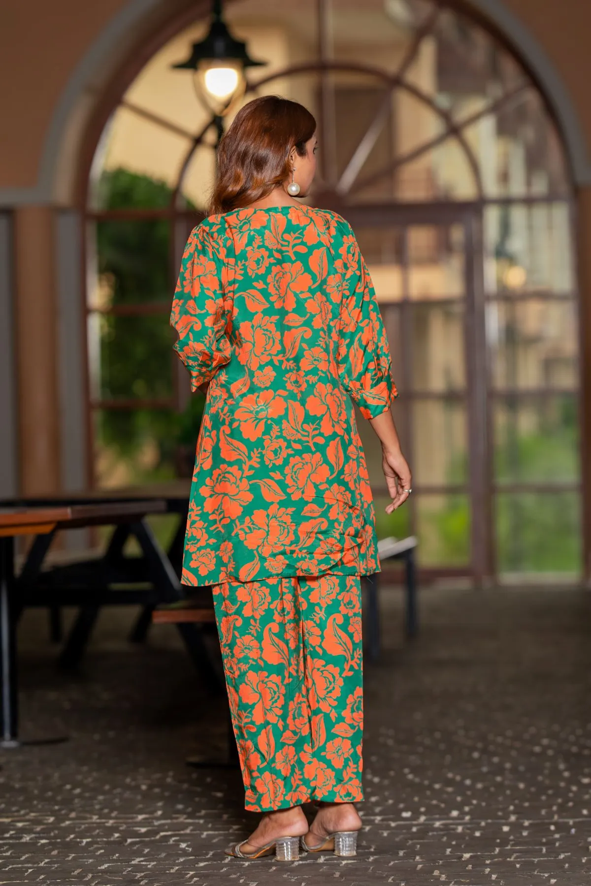 Women's Green & Orange Multi Floral Printed Top and  Printed Trouser Rayon Co-ord set