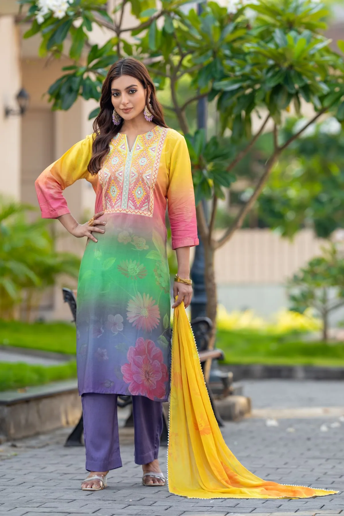 Women's Green, Pink, Yellow, Purple Multi Floral Musline Printed Top,Trouser and Printed Dupatta Kurta  set