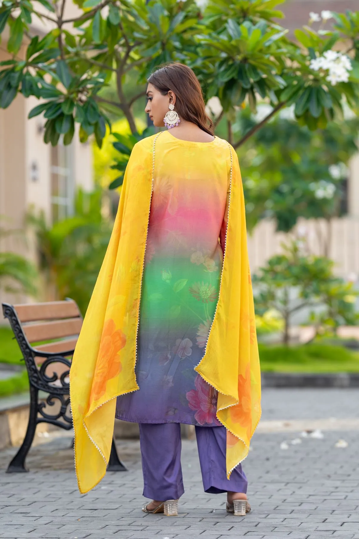 Women's Green, Pink, Yellow, Purple Multi Floral Musline Printed Top,Trouser and Printed Dupatta Kurta  set