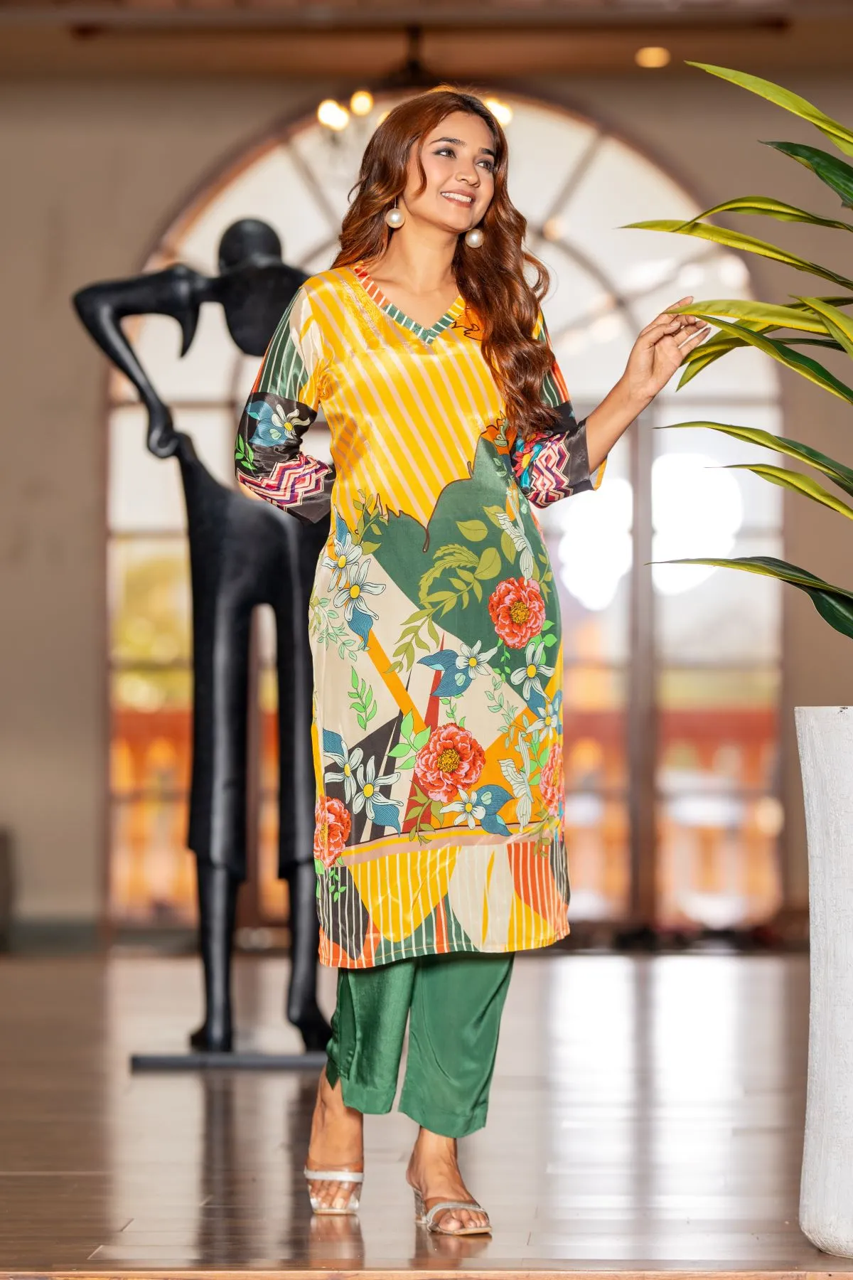 Women's Gree and Yellow Floral Crape Printed Top and Trouser Kurta  set