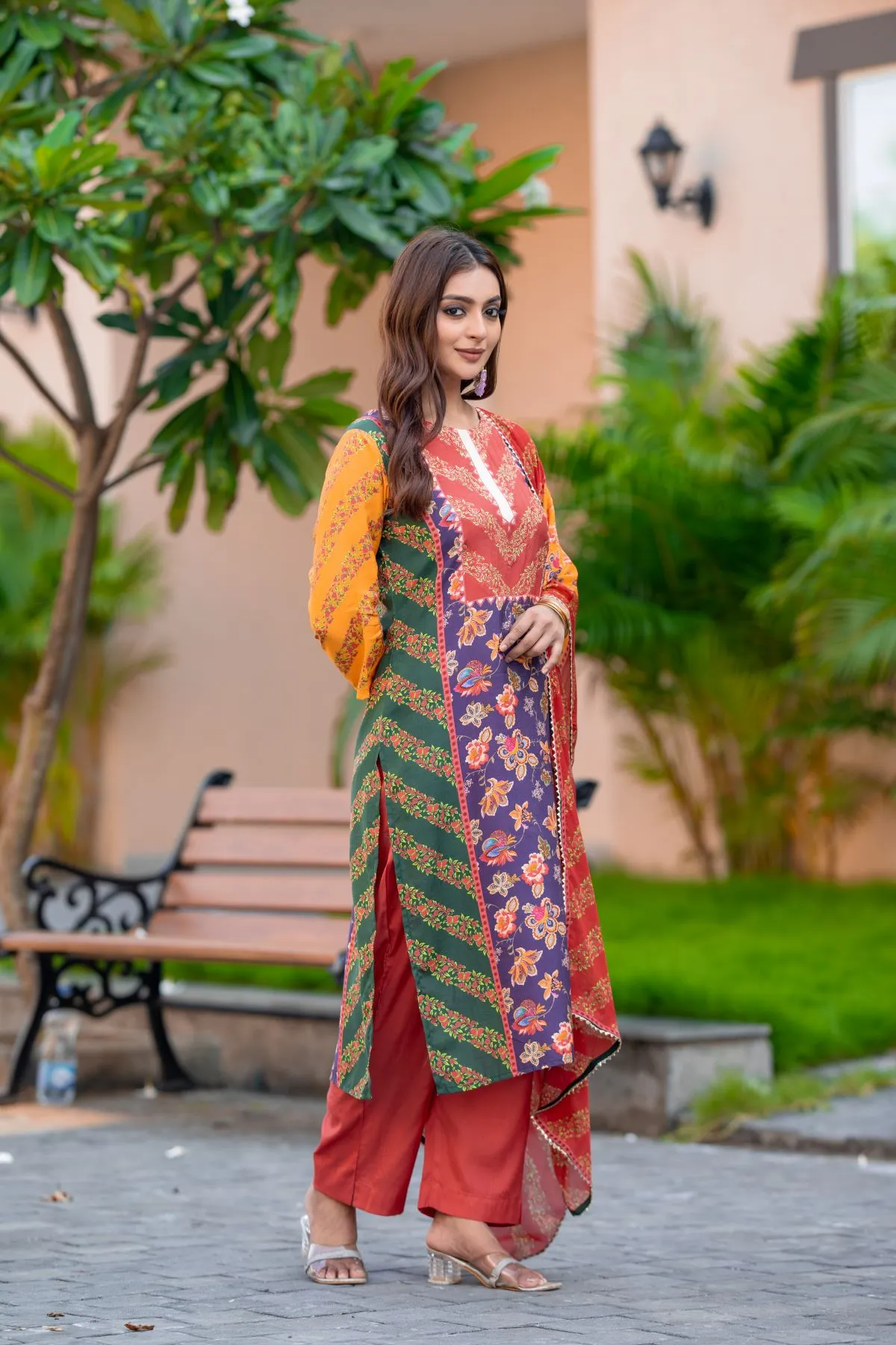 Women's Red, Yellow, Purple and Green Floral Crape Printed Top and Trouser Kurta  set