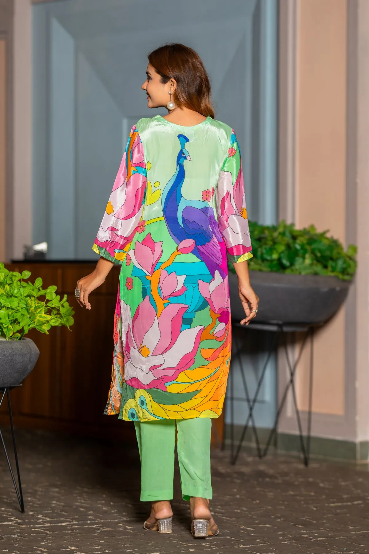 Women's Pista & Pink Peacock Crape Printed Top and Trouser Kurta  set