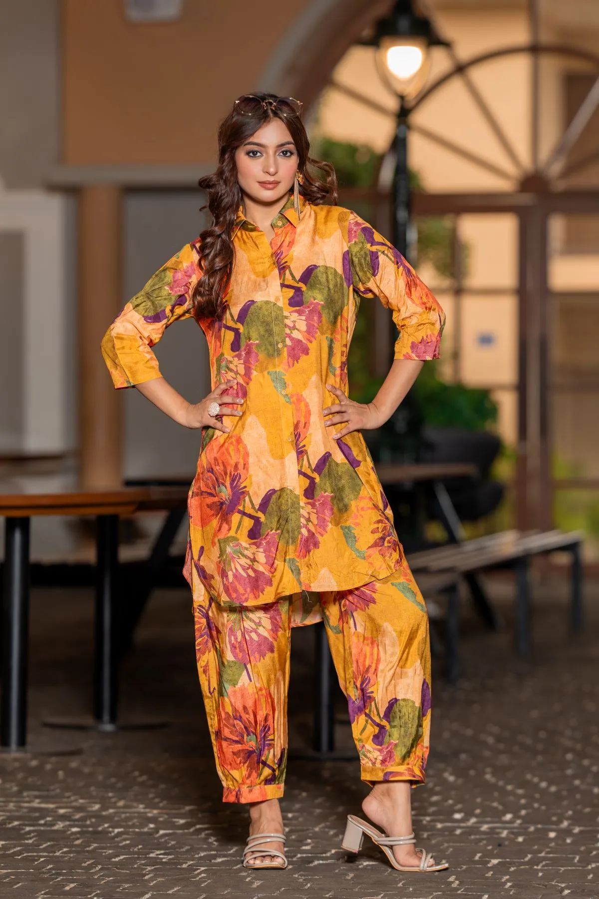 Women's Mustard Peacock Musline Printed Top and Trouser Kurta  set