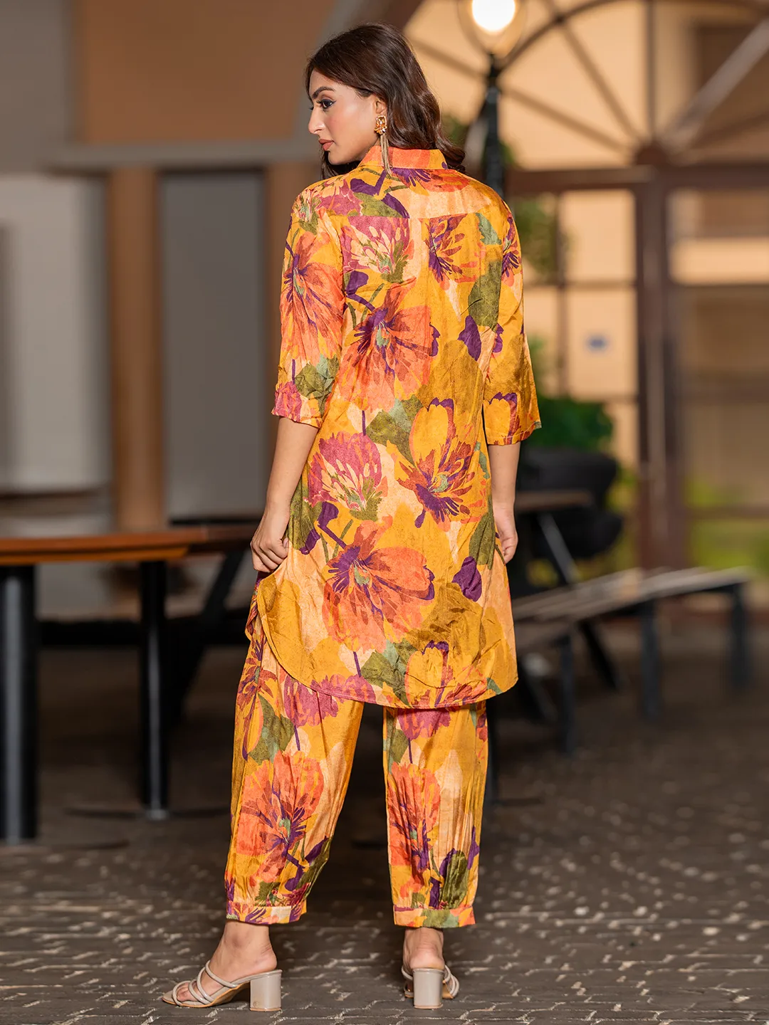 Women's Mustard Peacock Musline Printed Top and Trouser Kurta  set