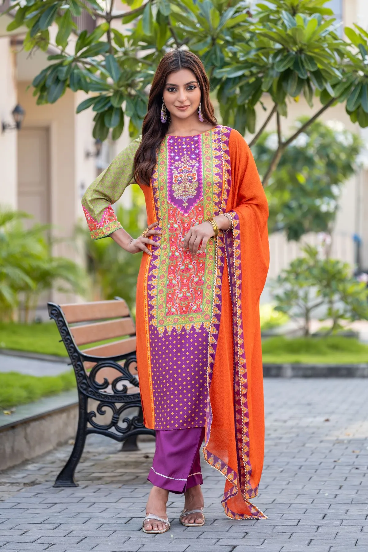 Women's Orange, Purple, Pista Green Musline Printed with Embroidery Kurta,Trouser and Dupatta Kurta  set