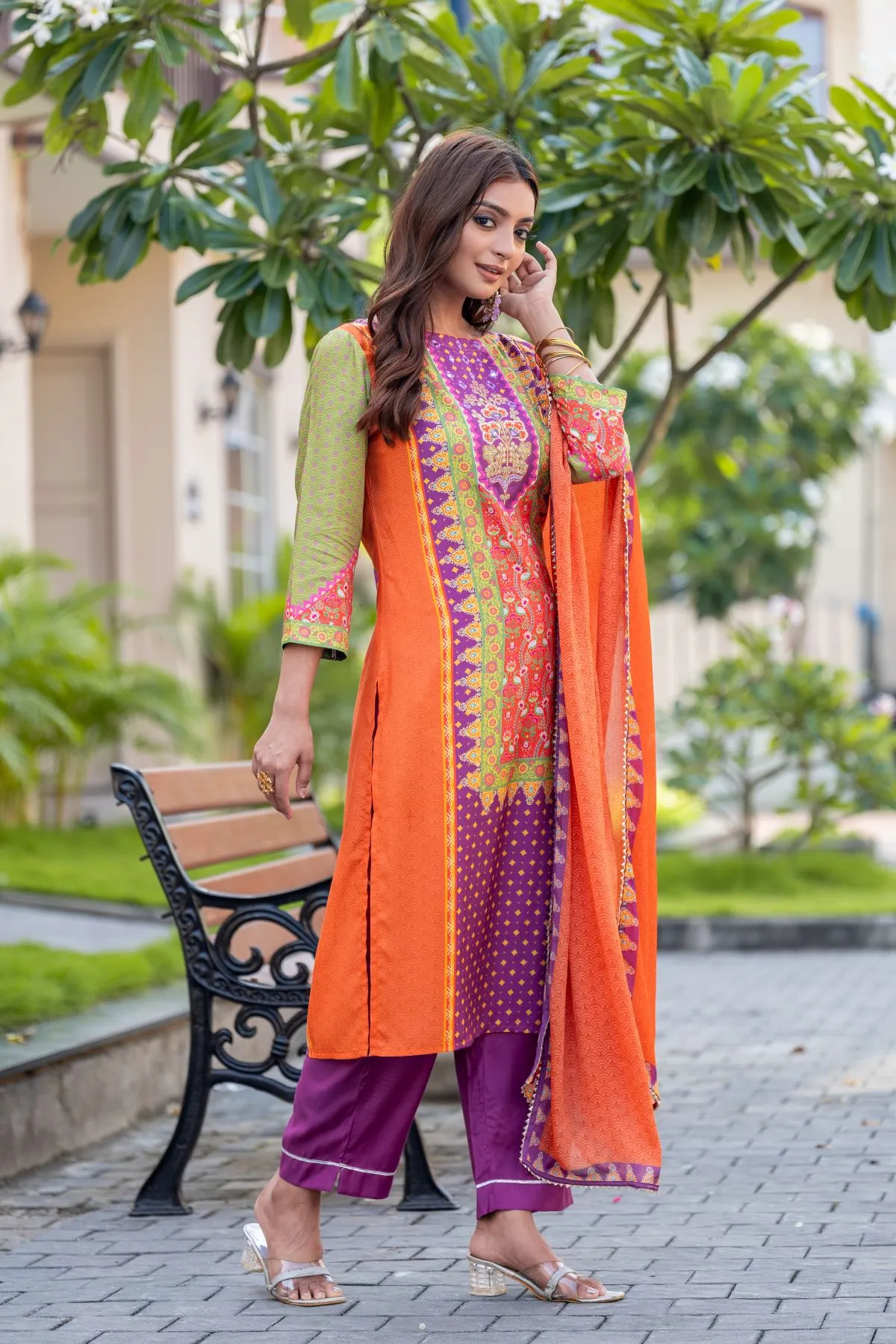 Women's Orange, Purple, Pista Green Musline Printed with Embroidery Kurta,Trouser and Dupatta Kurta  set