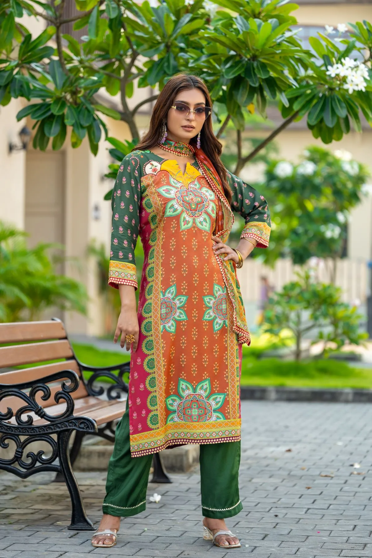Women's Orange, Green Musline Printed  Kurta,Trouser and Printed Dupatta Kurta  set