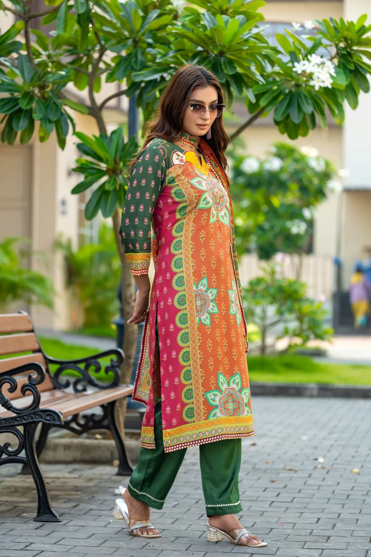 Women's Orange, Green Musline Printed  Kurta,Trouser and Printed Dupatta Kurta  set