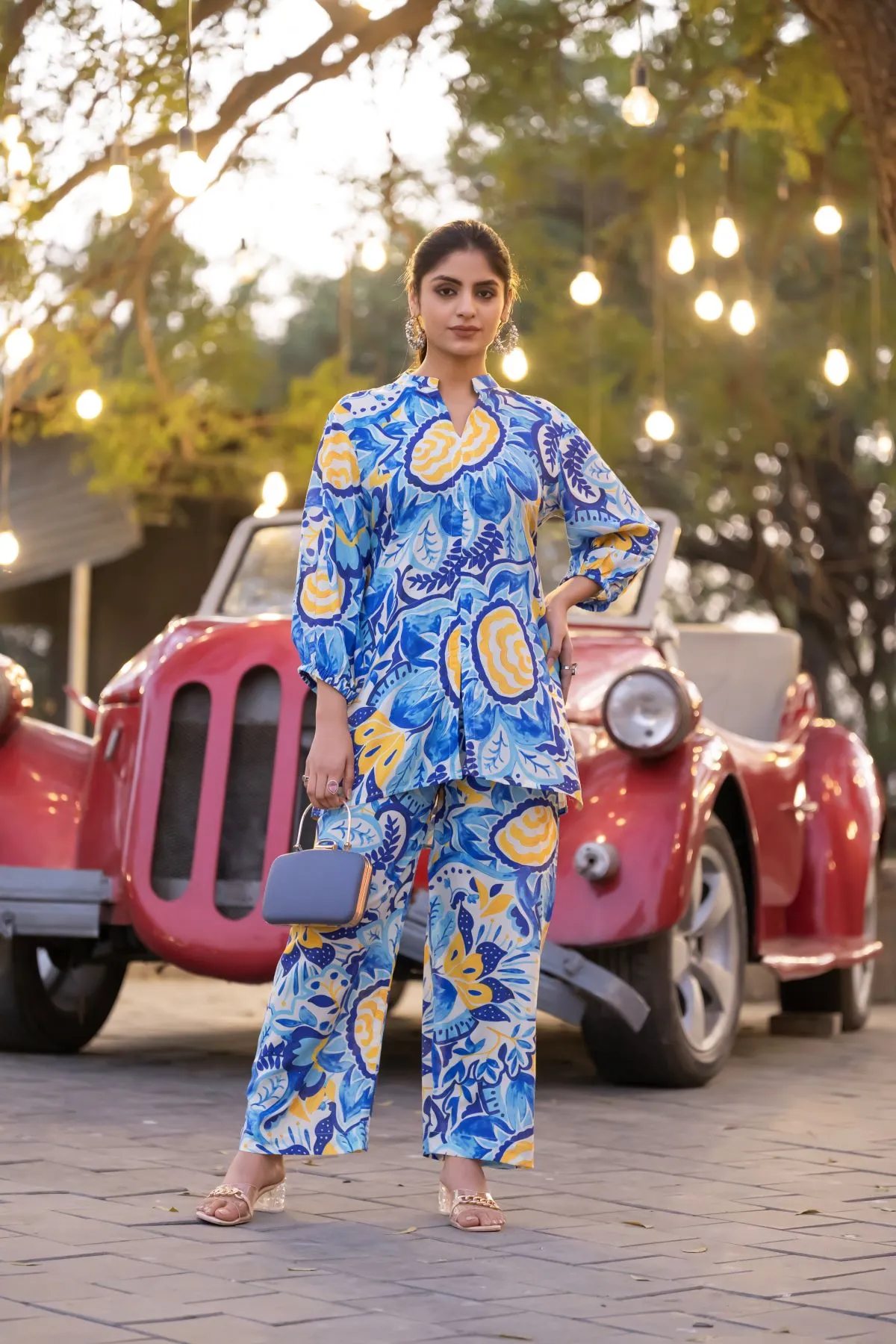Women's Sky Blue Floral Printed Top  and  Printed Trouser Cotton Co-ord set