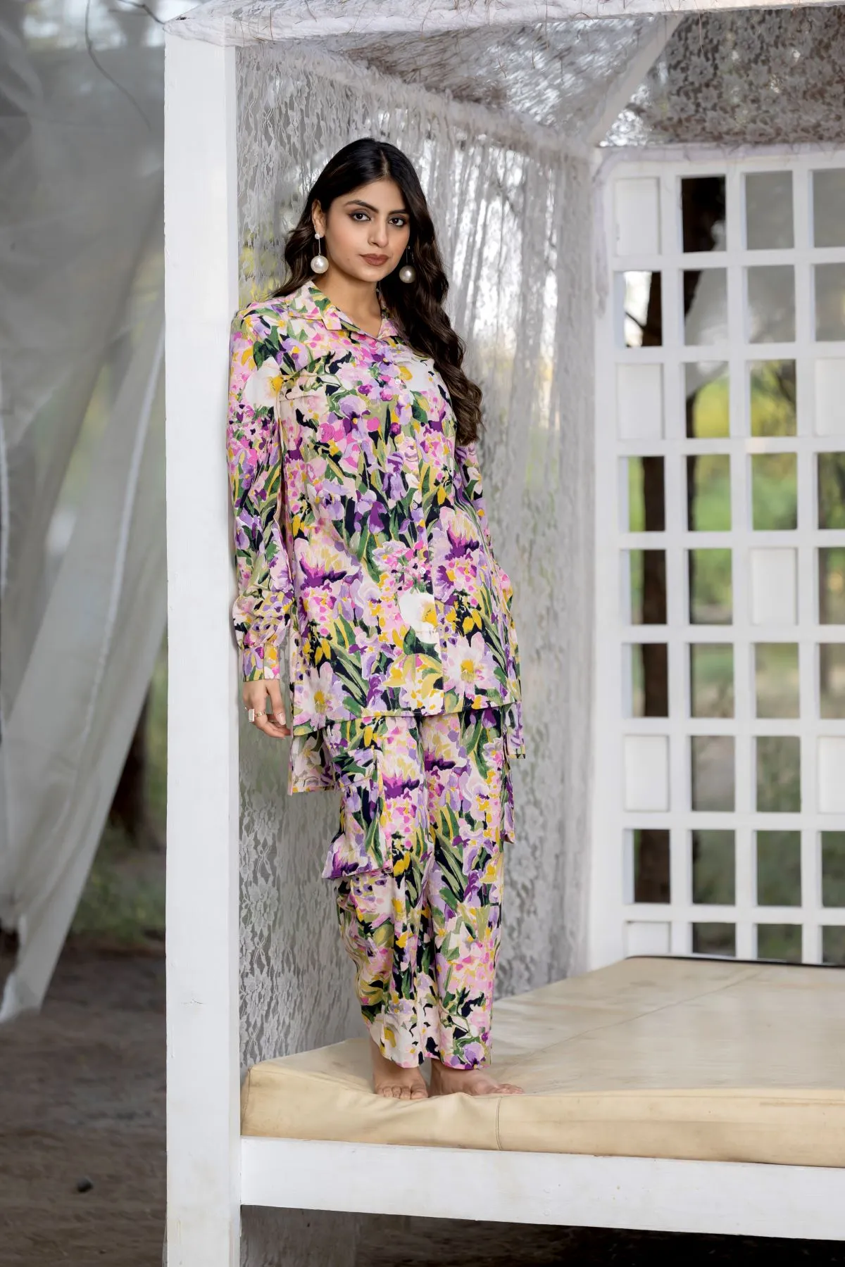 Women's Baby Pink Floral Printed Top  and  Printed Trouser Cotton Co-ord set