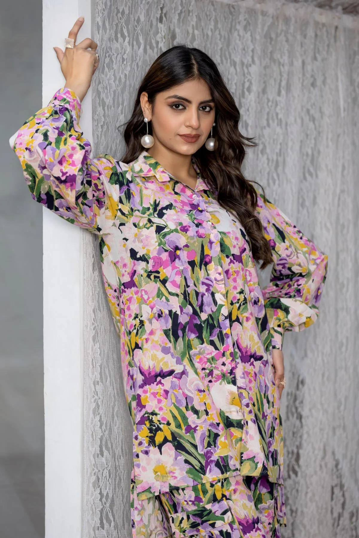 Women's Baby Pink Floral Printed Top  and  Printed Trouser Cotton Co-ord set