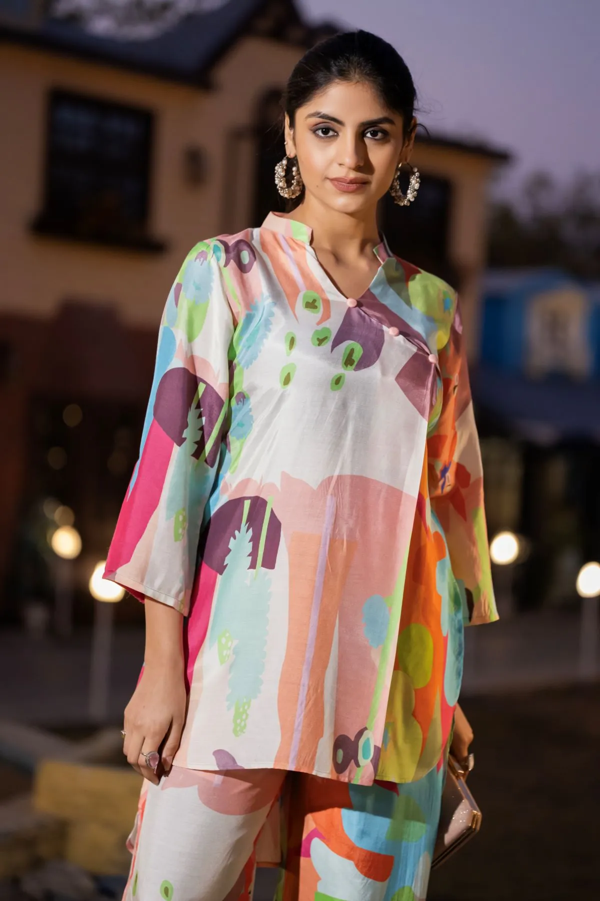 Women's Peach Abstract Printed Top  and  Printed Trouser Cotton Co-ord set