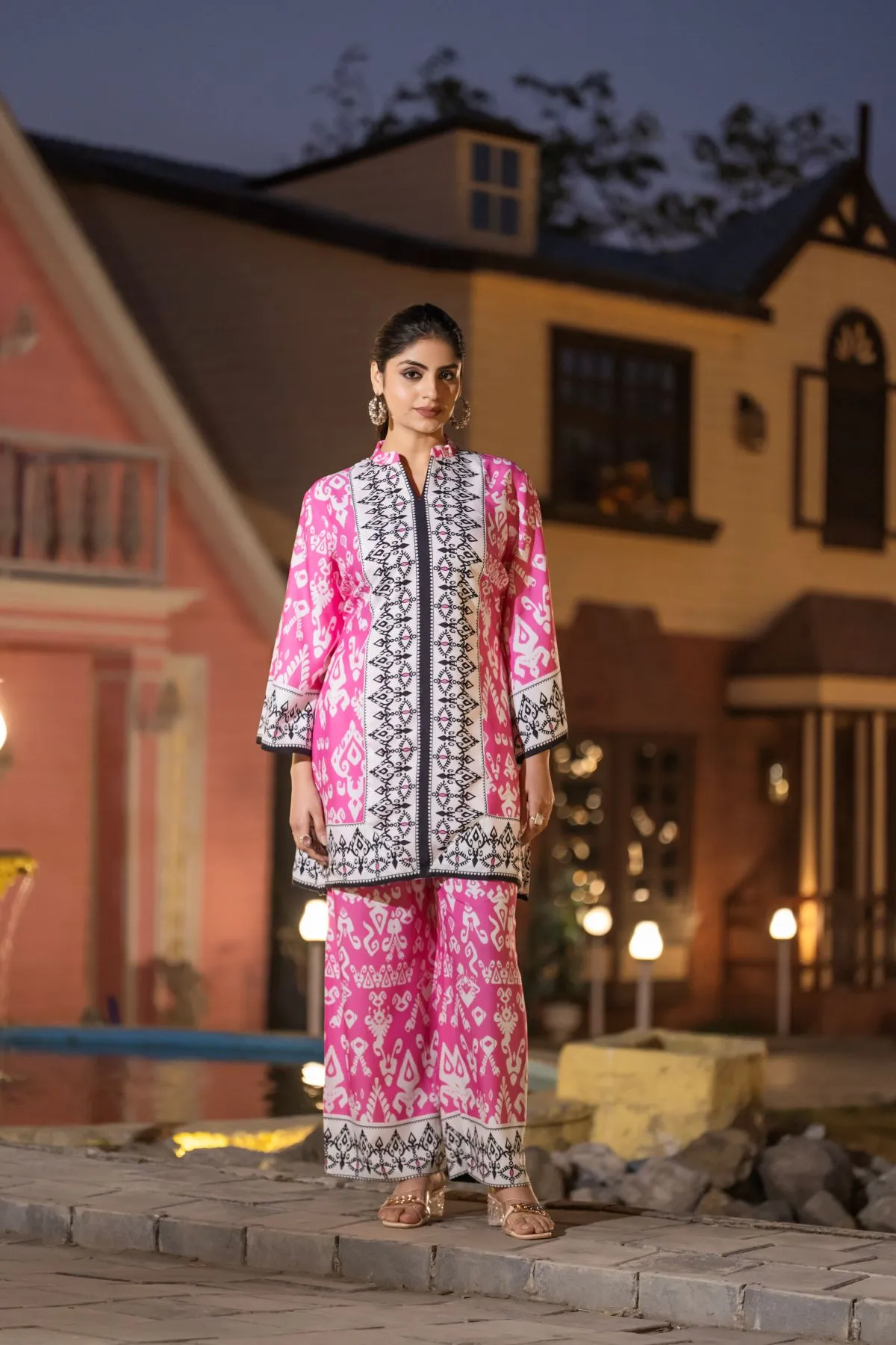 Women's Pink Ikkat Printed Top  and  Printed Trouser Rayon Co-ord set