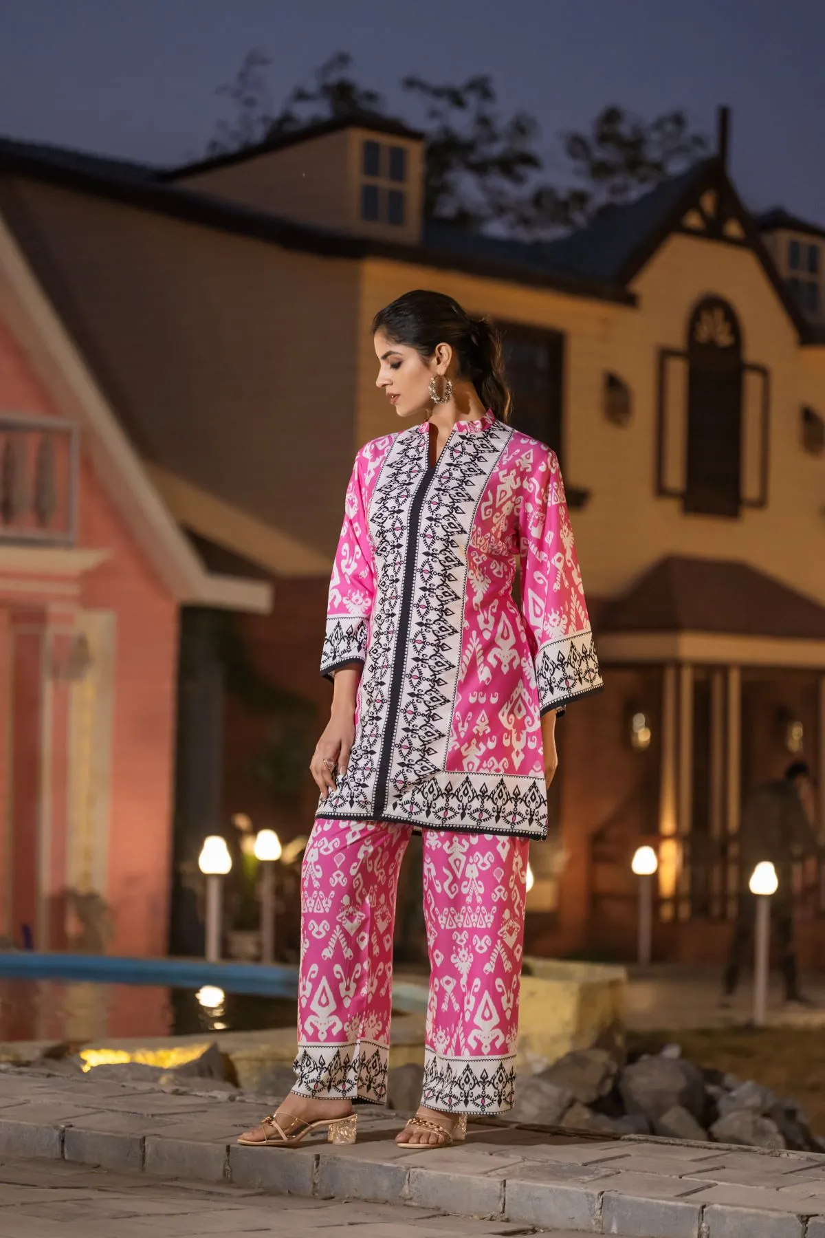 Women's Pink Ikkat Printed Top  and  Printed Trouser Rayon Co-ord set