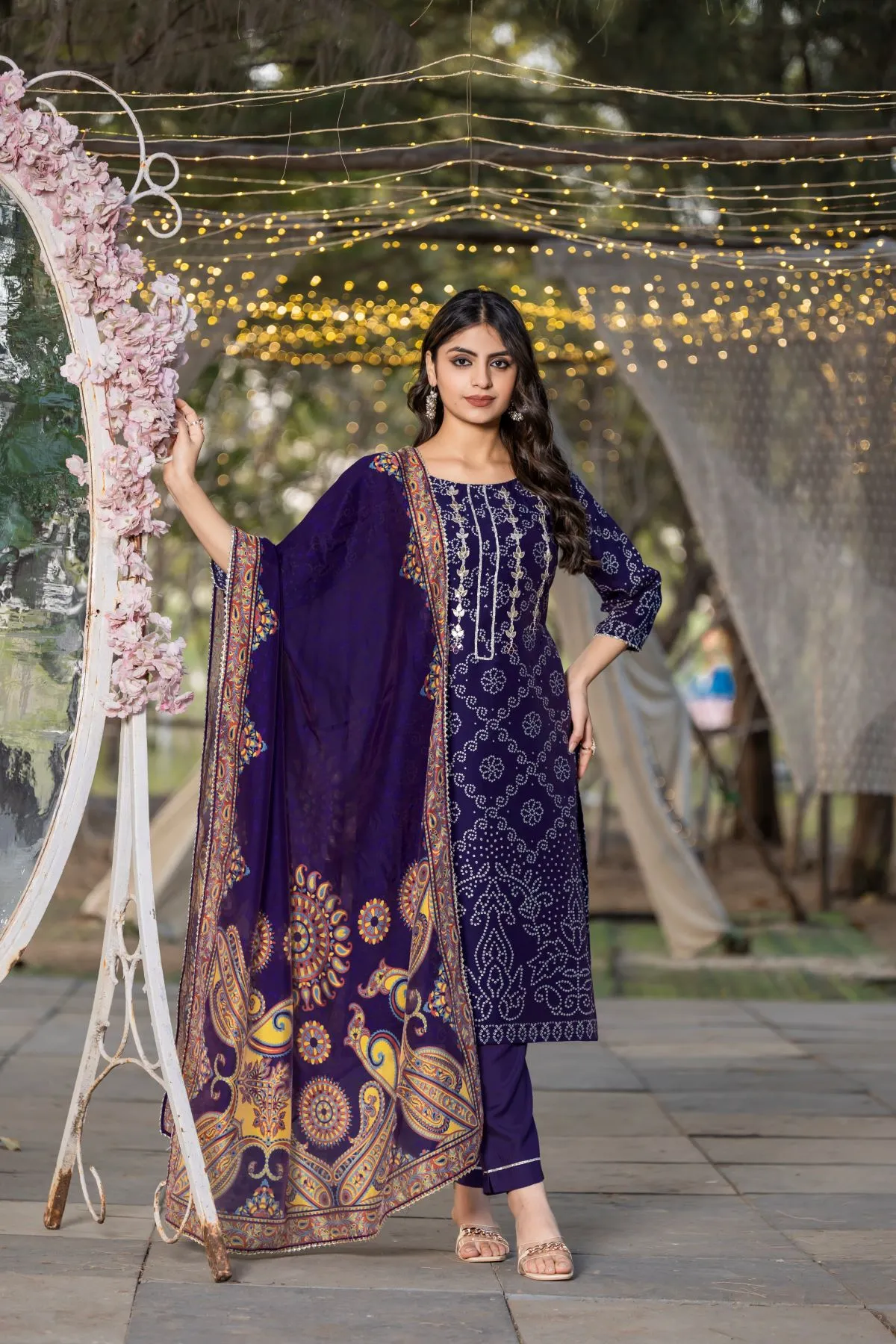 Women's Blue Chanderi Bandhej Printed Kurta and Trouser with Printed Dupatta Kurta set