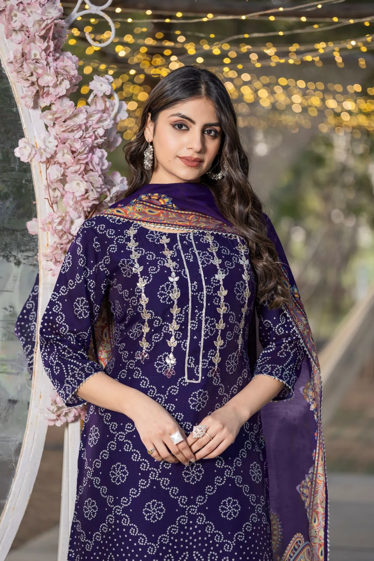 Women's Blue Chanderi Bandhej Printed Kurta and Trouser with Printed Dupatta Kurta set