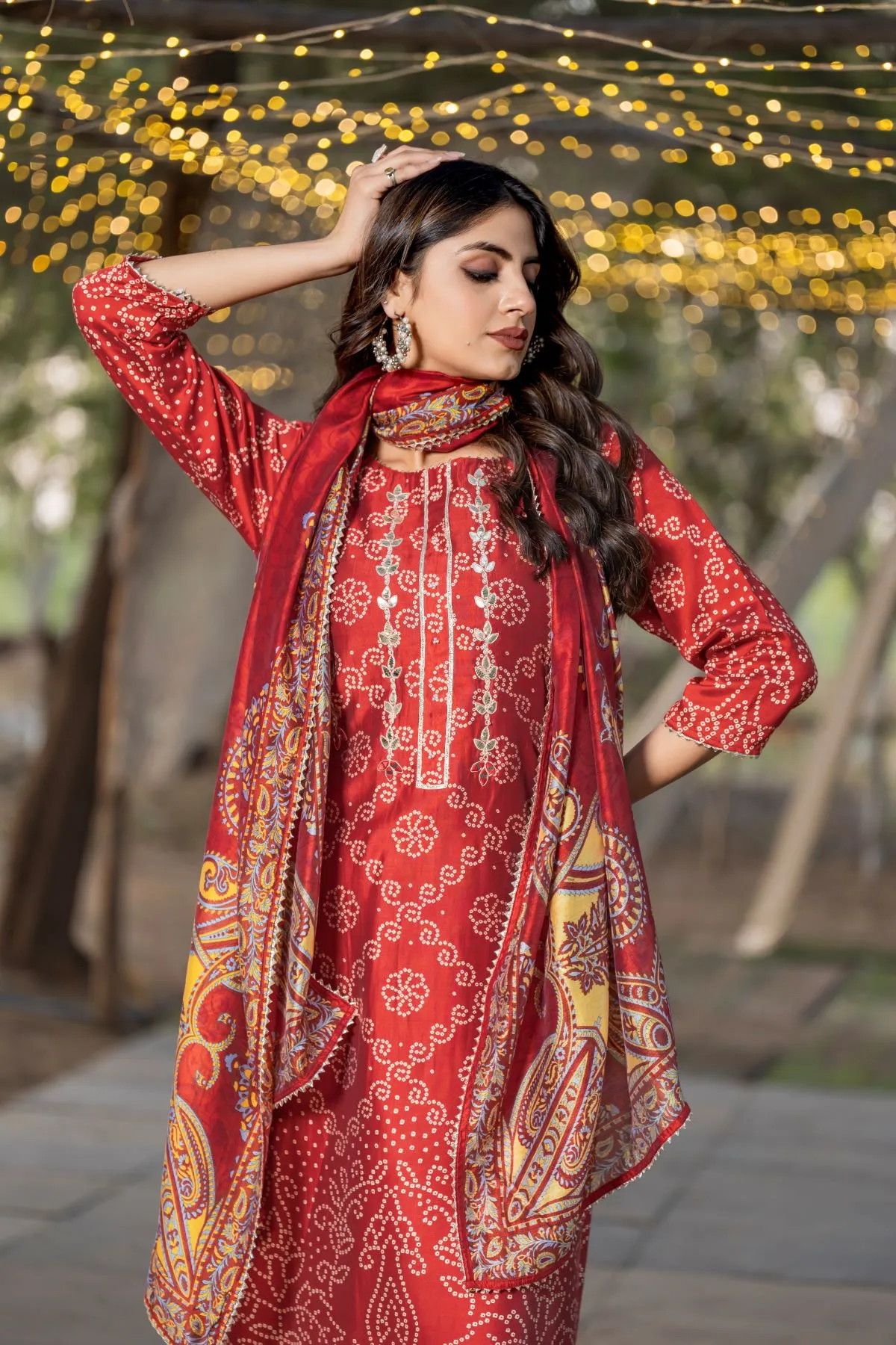 Women's Red Chanderi Bandhej Printed Kurta and Trouser with Printed Dupatta Kurta set