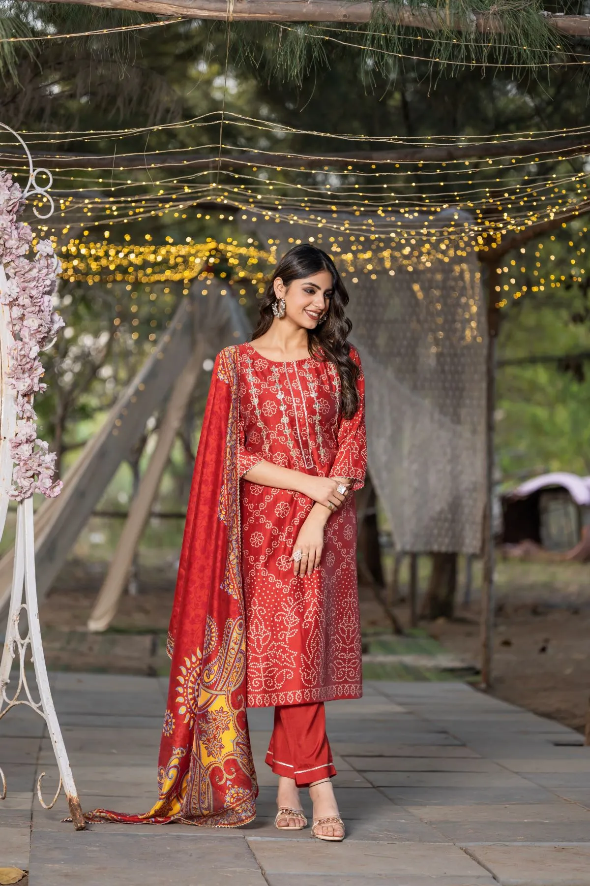 Women's Red Chanderi Bandhej Printed Kurta and Trouser with Printed Dupatta Kurta set
