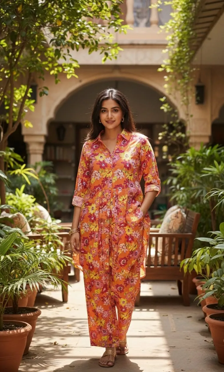 Women's Orange Cotton Floral Printed Top and Trouser Co-ords  set