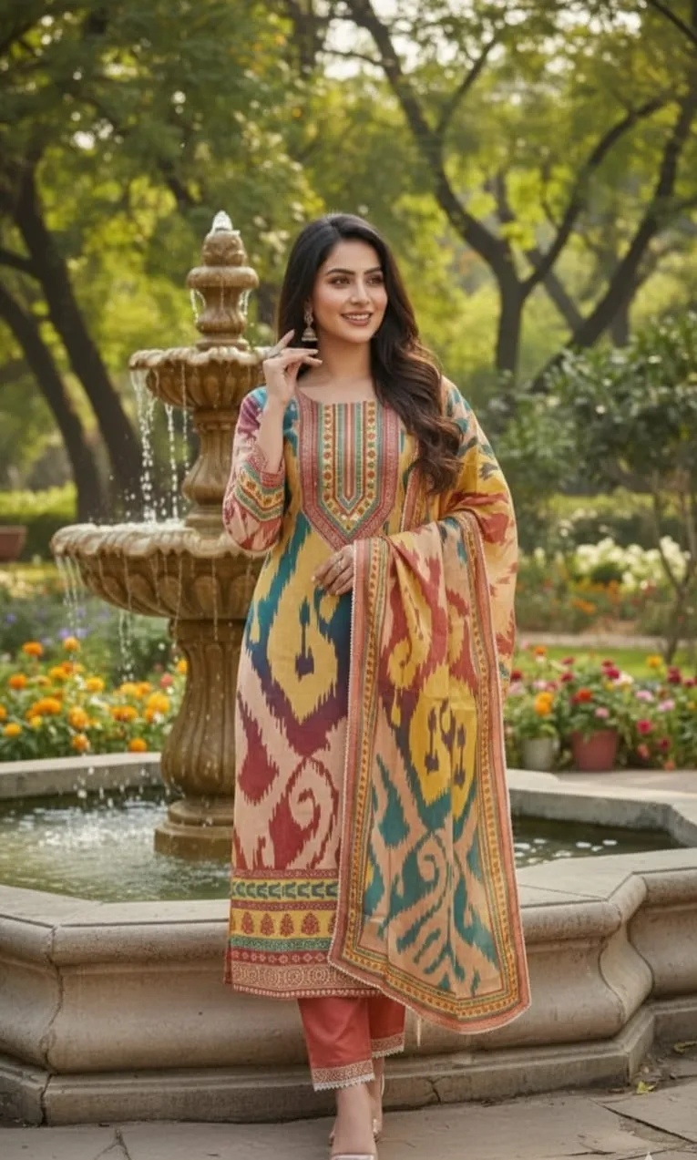 Women's Yellow, Red,Green Multi Chanderi Printed Kurta and Trouser with Printed Dupatta Kurta set