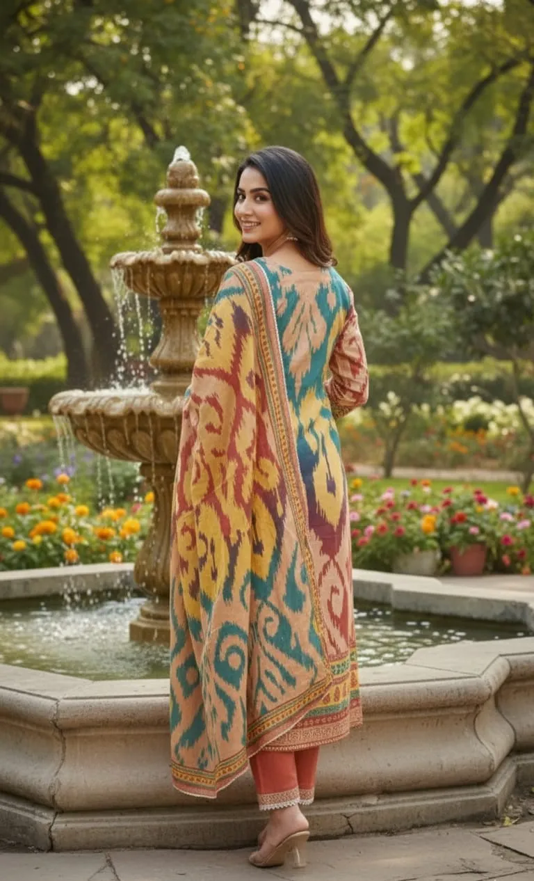 Women's Yellow, Red,Green Multi Chanderi Printed Kurta and Trouser with Printed Dupatta Kurta set