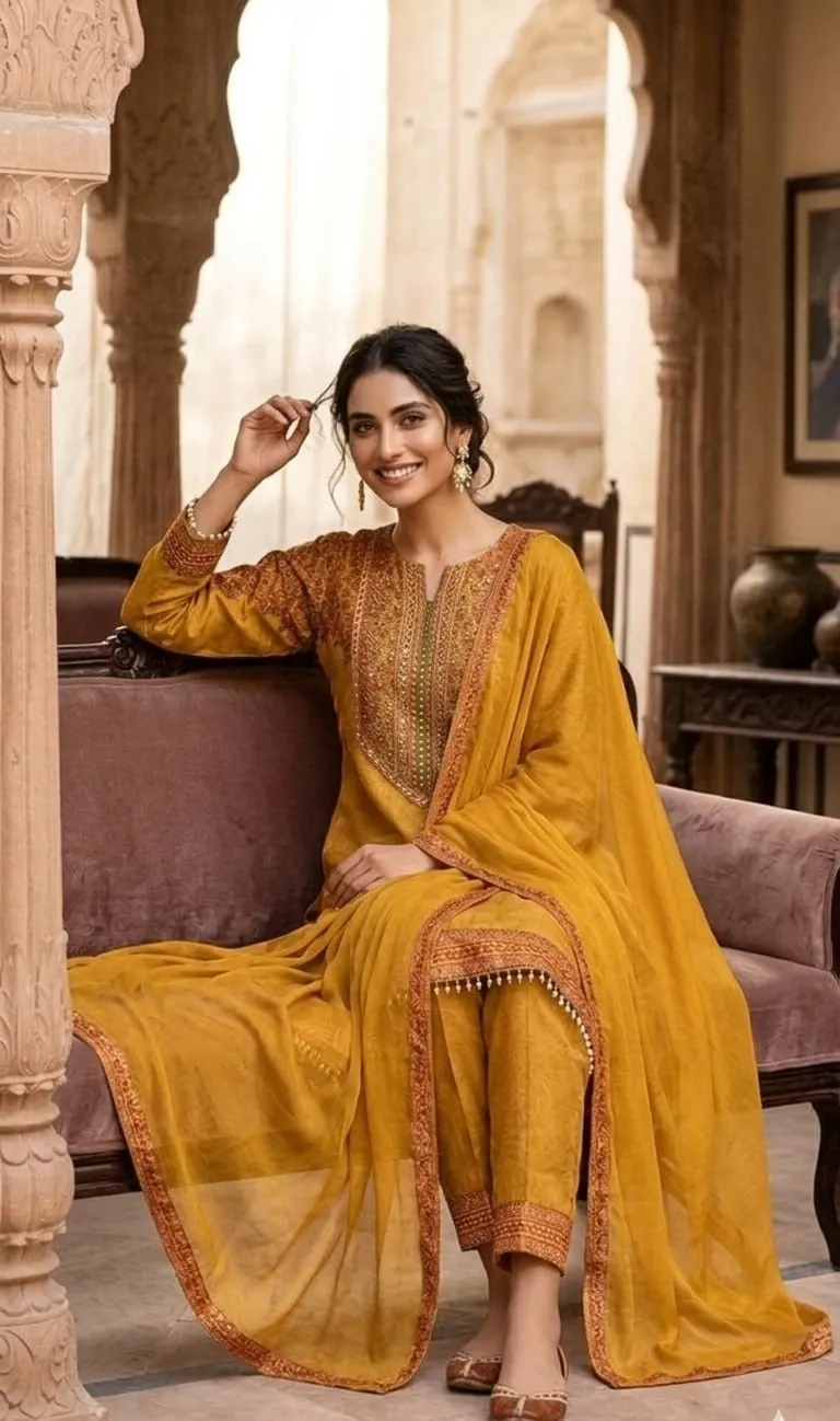 Women's Dusty Yellow Crape A-line Kurta set  Printed  Top & Plazzo Pant with Dupatta