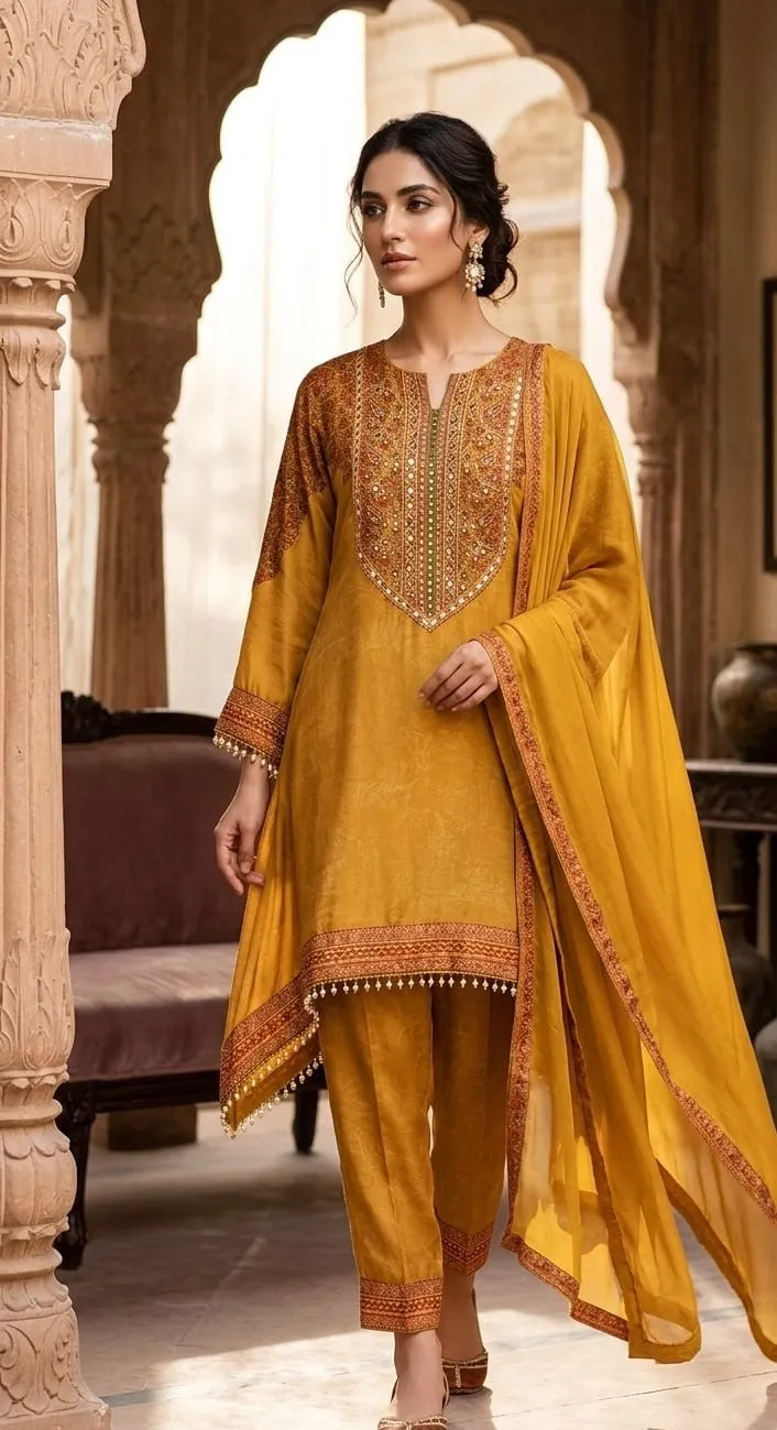 Women's Dusty Yellow Crape A-line Kurta set  Printed  Top & Plazzo Pant with Dupatta