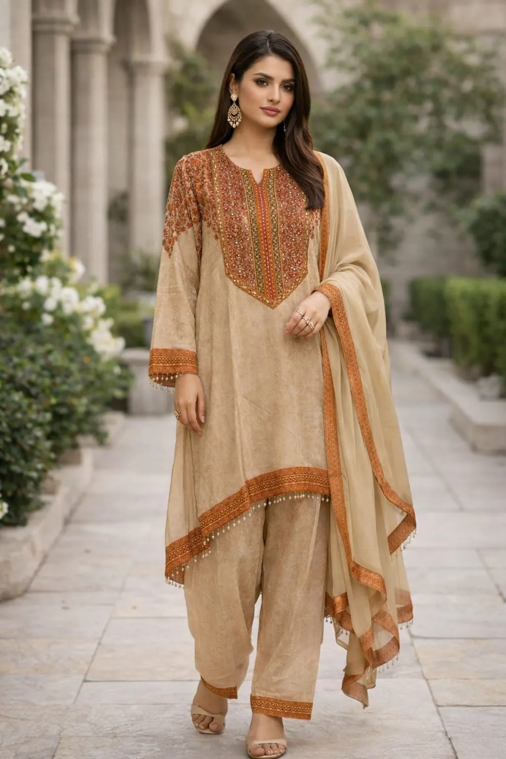 Women's Peach Crape A-line Kurta set  Printed  Top & Plazzo Pant with Dupatta