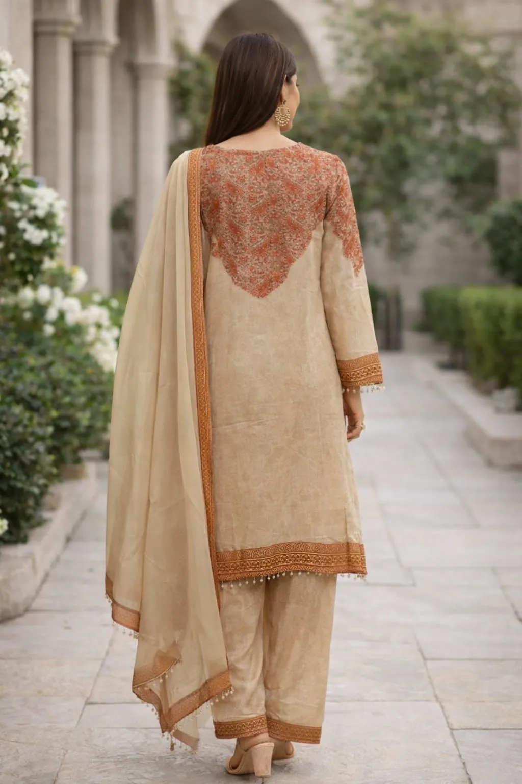 Women's Peach Crape A-line Kurta set  Printed  Top & Plazzo Pant with Dupatta