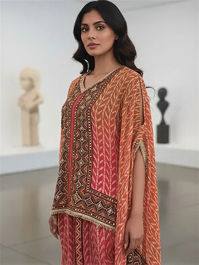 Women's Orange Natural Crape Kafftan Fusion Printed  Top & Bottom