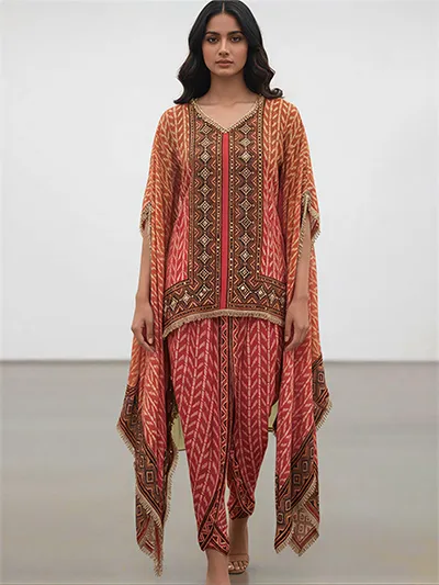 Women's Orange Natural Crape Kafftan Fusion Printed  Top & Bottom