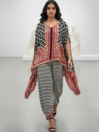 Women's Black and White  Natural Crape Kafftan Fusion Printed  Top & Bottom 