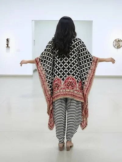 Women's Black and White  Natural Crape Kafftan Fusion Printed  Top & Bottom 