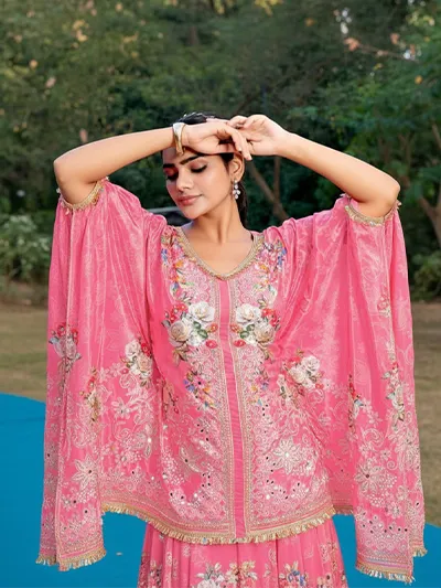 Women's Pink  Natural Crape Kafftan Fusion Printed  Top & Bottom