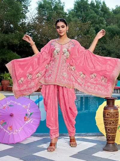 Women's Pink  Natural Crape Kafftan Fusion Printed  Top & Bottom