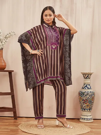 Women's Gray and Drak Purple Printed Chanderi Kafftan Co-ord set