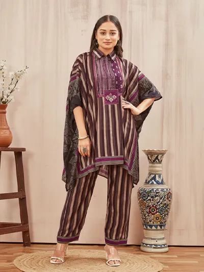 Women's Gray and Drak Purple Printed Chanderi Kafftan Co-ord set