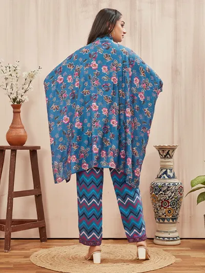 Women's Sky Blue Printed Chanderi Kafftan Syle Co-ord set